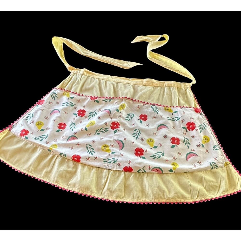Vtg MCM Handmade Half Apron Yellow Apples Watermelon 2 Pockets Retro Kitchen